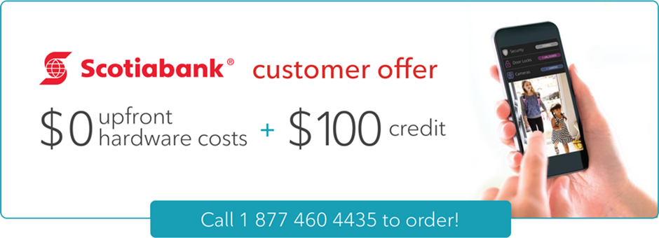 A banner of the Scotiabank customer offer $0 upfront hardware costs plus $100 credit - Call 1 877 460 4435