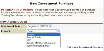 Screen capture: new mutual fund purchase
