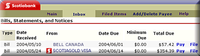 Scotia OnLine - 'View My Bills' Inbox
