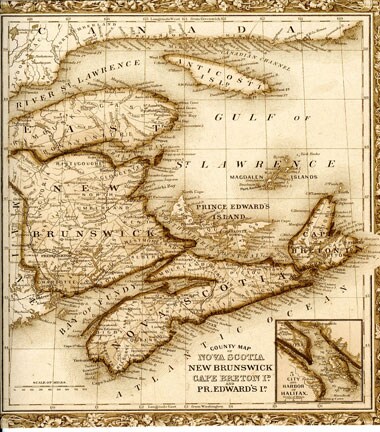 County map of Nova Scotia, New Brunswick, Cape Breton and Prince Edward Island.