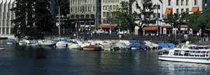 A downtown waterfront with sailboats.