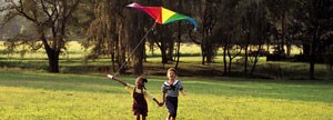 Two children flying a kite