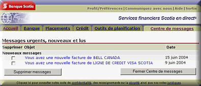 Centre de messages Scotia en direct