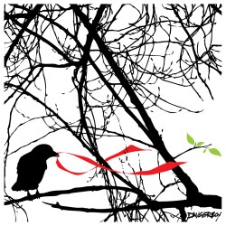 Black and white image of a bird in a tree holding a red AIDS ribbon