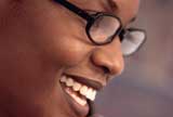 Happy businesswoman wearing eyeglasses