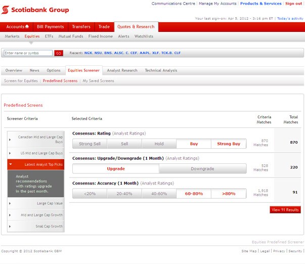 Equities screener screenshot