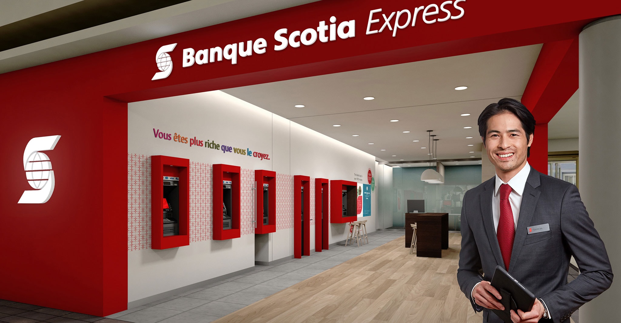 Express Branch with male banker in the foreground.