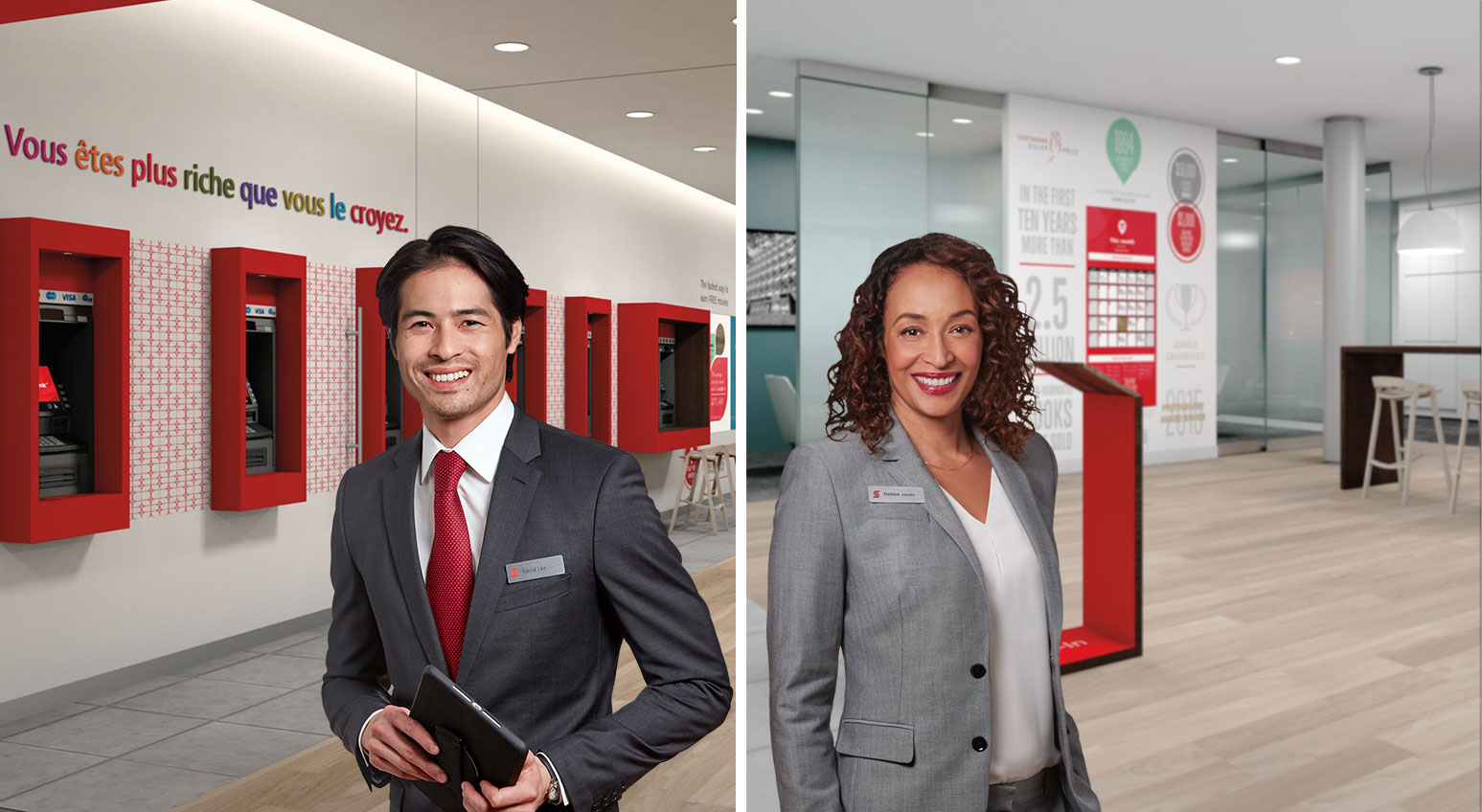 Banque Scotia Express with male banker in the foreground beside Banque Scotia Solutions with female banker in the foreground.