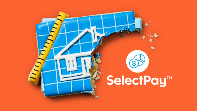 Image of TV shaped cookie with 1 bite removed, icon, and text: SelectPay