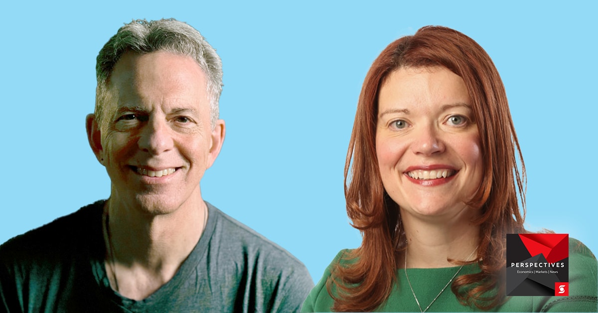 Headshots of Author Dan Pallotta and Scotiabank's Nicole Frew on blue background