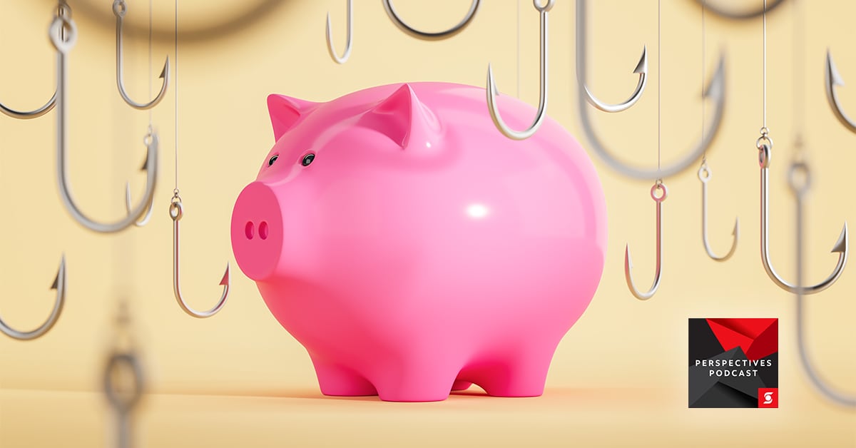 Piggy bank surrounded by fishing hooks