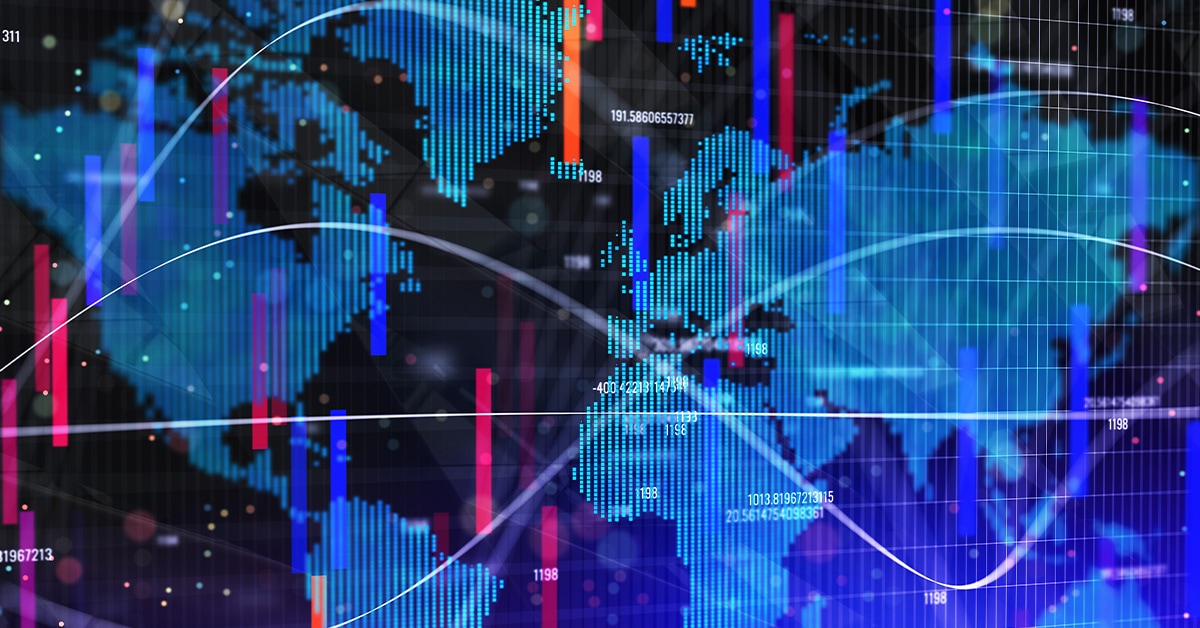 Map of world with digital trading overlay