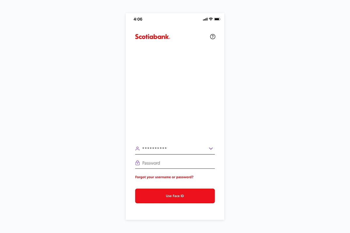 Scotia mobile app - login screen