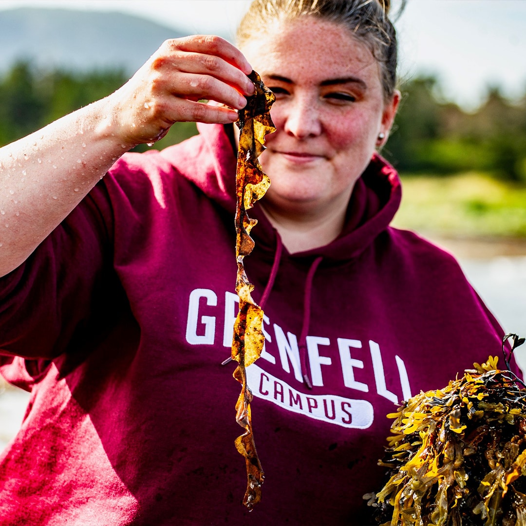 Woman holding up seaweed