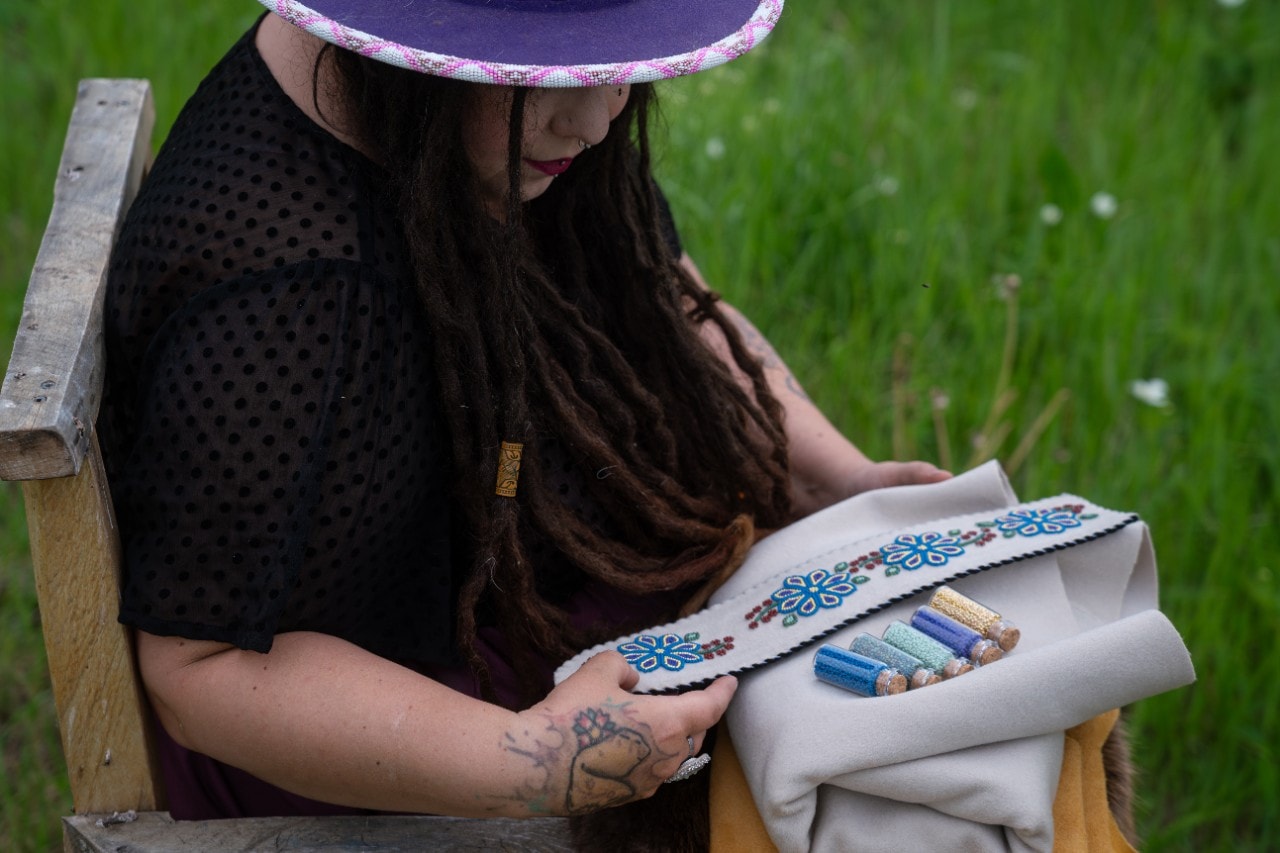 Heidi Houle with mukluks materials