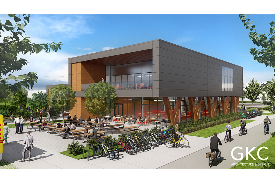 Rendering of pavilion with bicycle rack and bicycle lanes