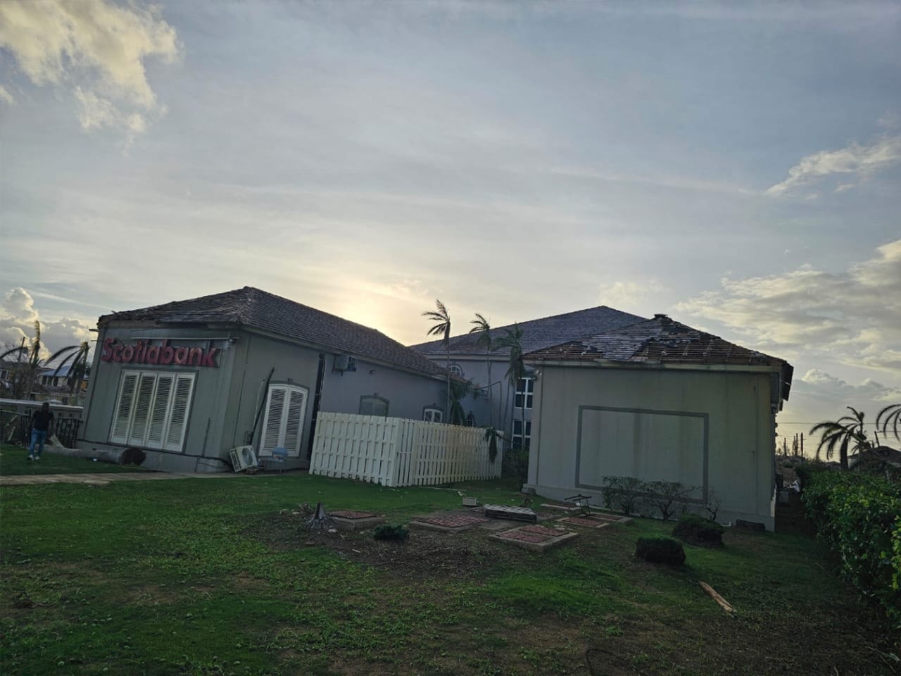 Exterior of Scotiabank branch with some damage to building