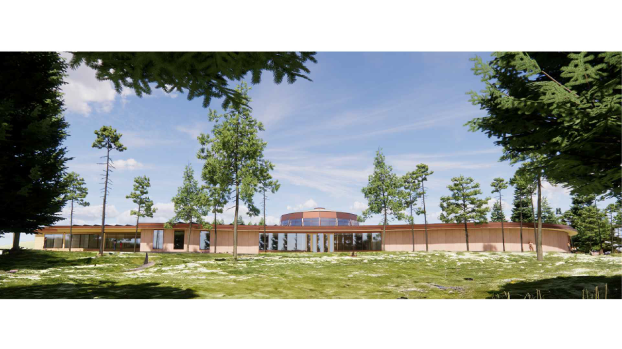 Rendering of outside of Mi’kmawey Debert Cultural Centre and surrounding area