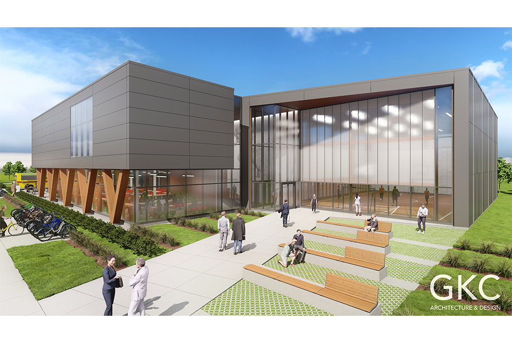 Rendering of pavilion with people moving about