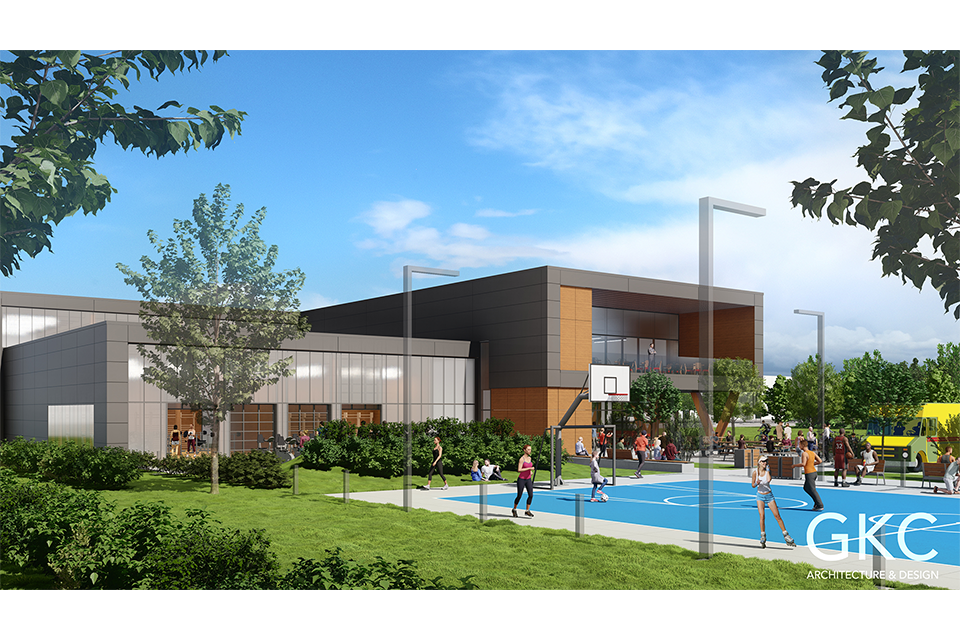 Rendering of pavilion with basketball court and other activities