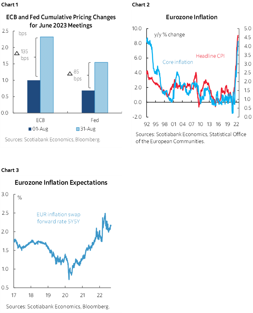 Chart 1: ECB and Fed Cumulative Pricing Changes for June 2023 Meetings; Chart 2: Eurozone Inflation; Chart 3:  Eurozone Inflation Expectations