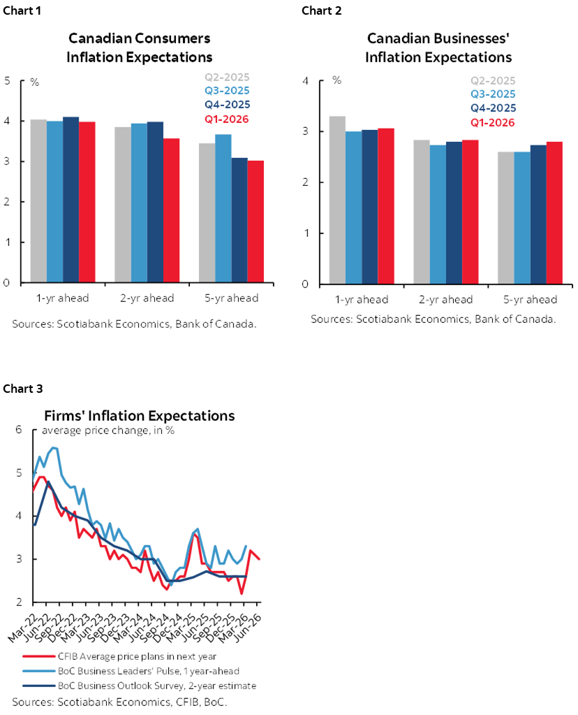 Chart 1: Canadian Consumers Inflation Expectations; Chart 2: Canadian Businesses' Inflation Expectations; Chart 3: Firms' Inflation Expectations 
