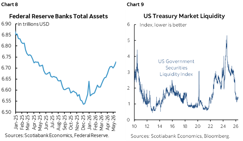 Chart 8: Federal Reserve Banks Total Assets; Chart 9: US Treasury Market Liquidity