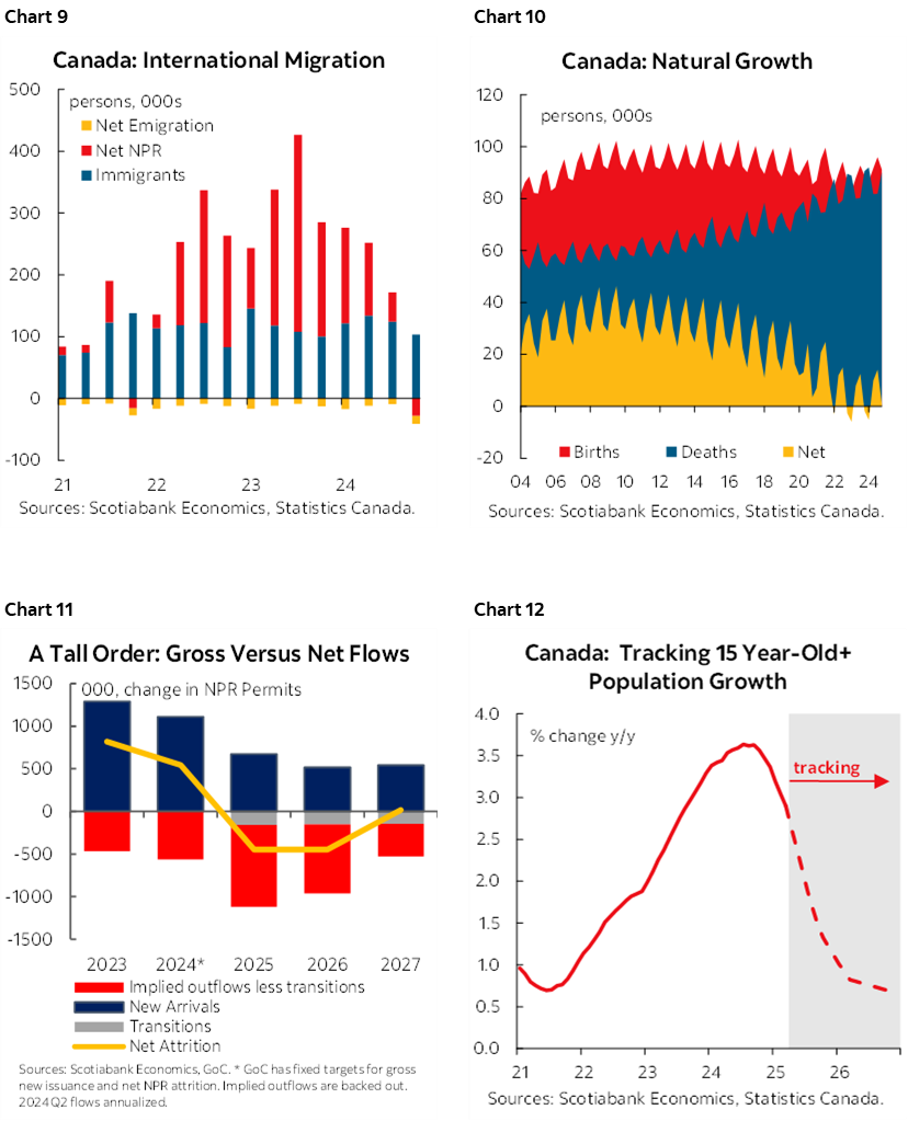 Chart 9: Canada: International Migration; Chart 10: Canada: Natural Growth; Chart 11: A Tall Order: Gross Versus Net Flows; Chart 12: Canada: Tracking 15 Year-Old+ Population Growth