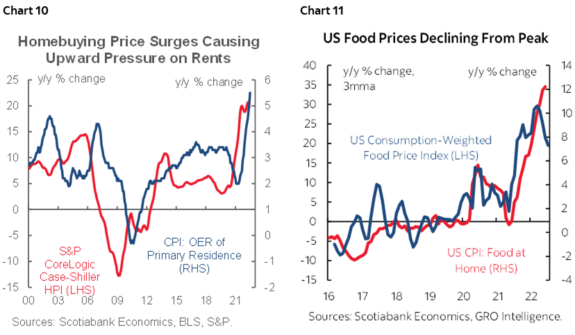 Chart 10: Homebuying Price Surges Causing Upward Pressure on Rents; Chart 11: US Food Prices Declining From Peak