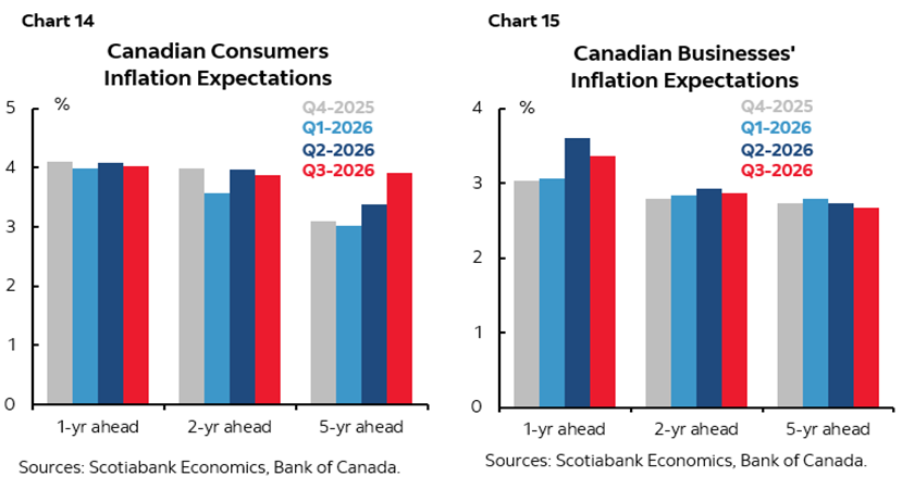 Chart 14: Canadian Consumers Inflation Expectations; Chart 15: Canadian Businesses' Inflation Expectations