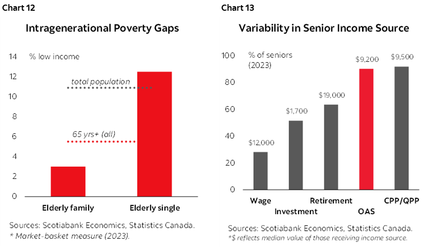 Chart 12: Intragenerational Poverty Gaps; Chart 13: Variability in Senior Income Source