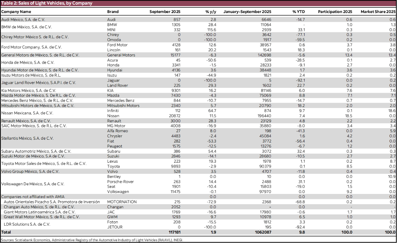 Table 2: Sales of Light Vehicles, by Company