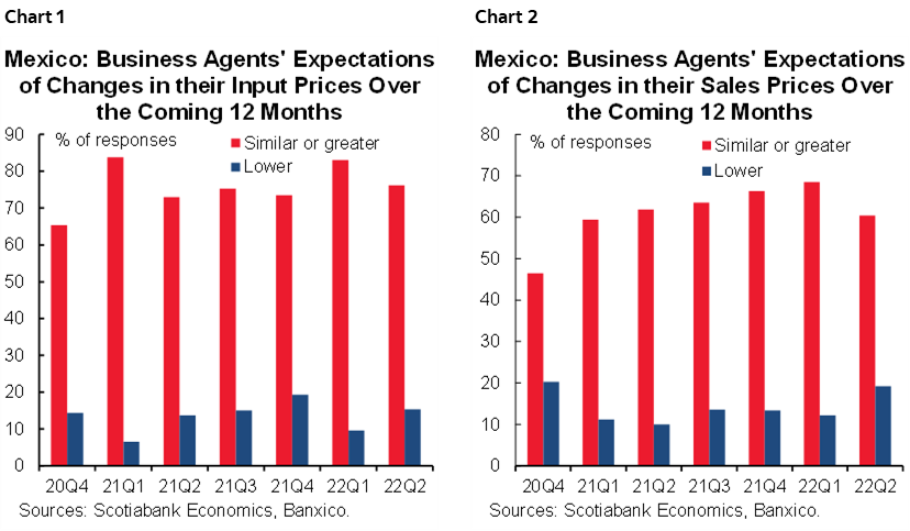 Chart 1: Mexico: Business Agents' Expectations of Changes in their Input Prices Over the Coming 12 Months; Chart 2:  Mexico: Business Agents' Expectations of Changes in their Sales Prices Over the Coming 12 Months