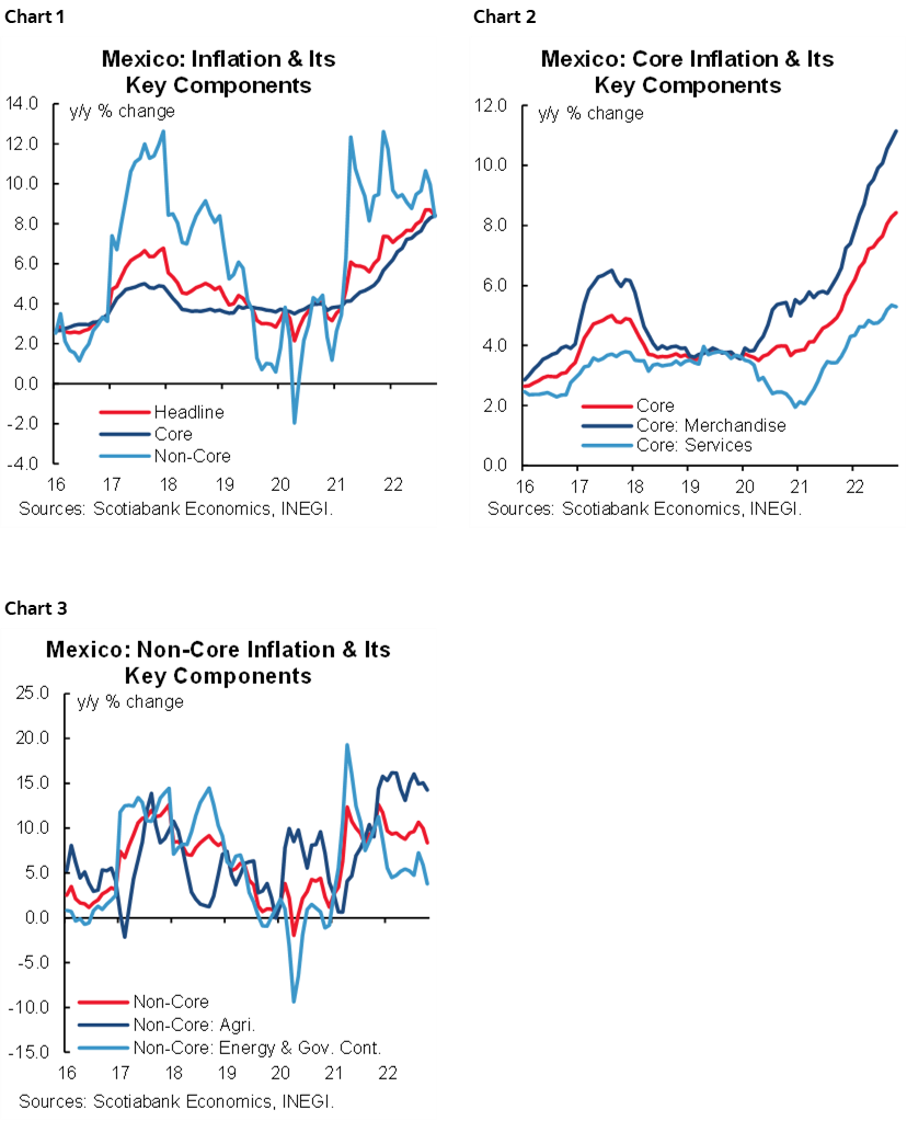 Chart 1: Mexico: Inflation & Its Key Components; Chart 2: Mexico: Core Inflation & Its Key Components; Chart 3: Mexico: Non-Core Inflation & Its Key Components