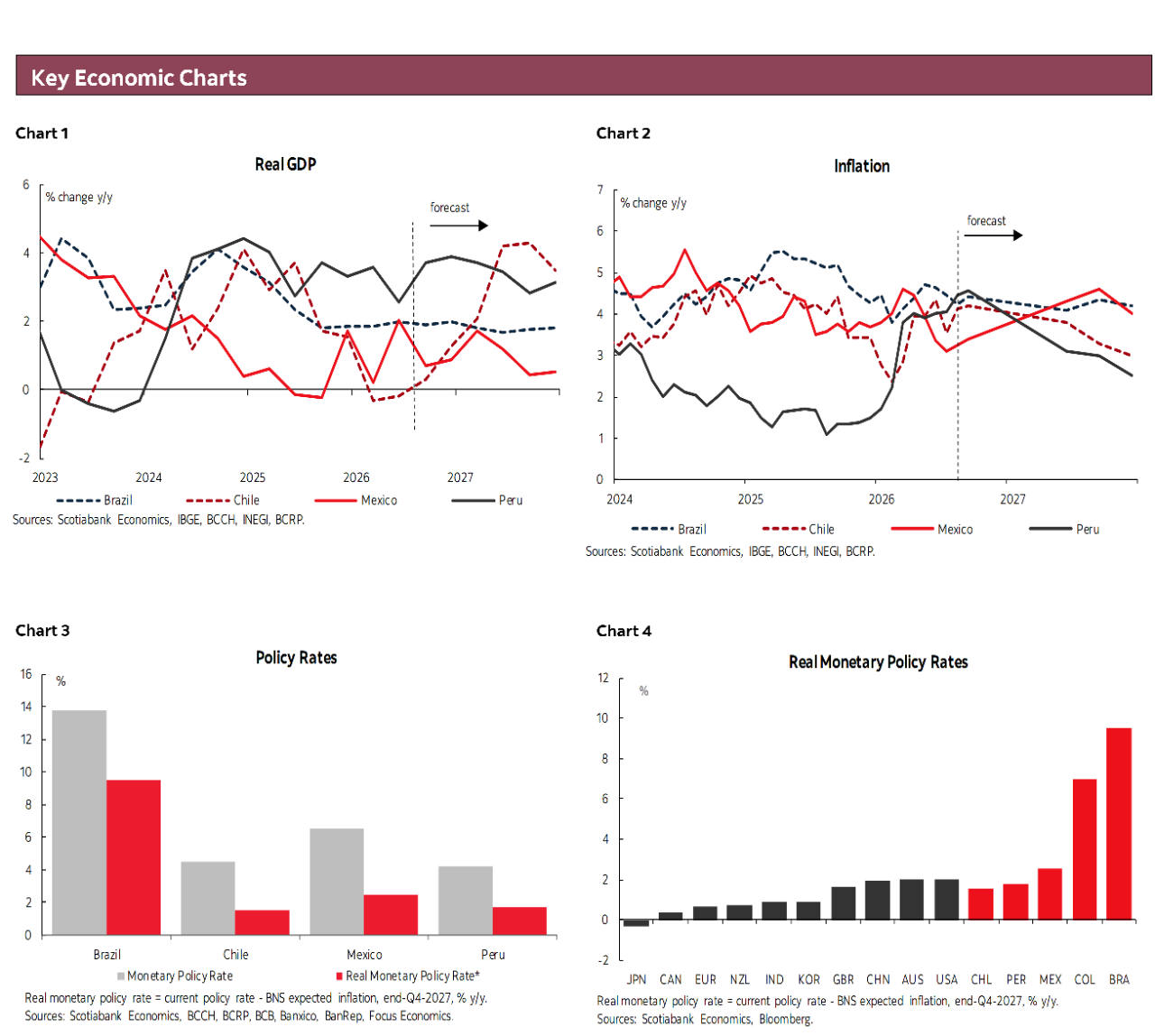 Key Economic Charts: Chart 1: Real GDP; Chart 2: Inflation; Chart 3: Policy Rates; Chart 4: Real Monetary Policy Rates