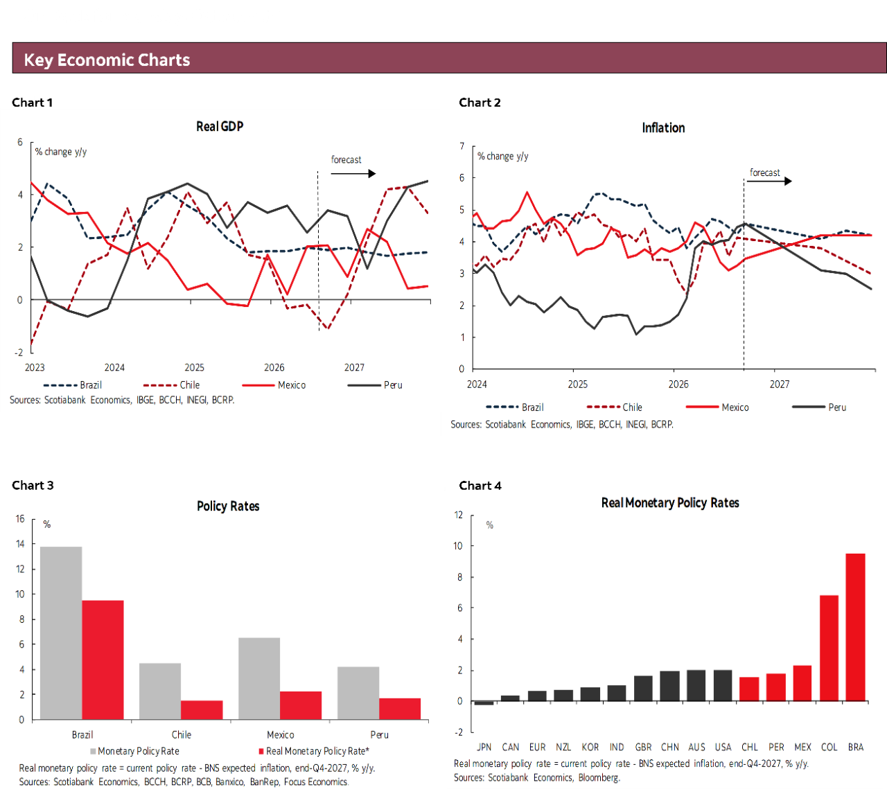 Key Economic Charts: Chart 1: Real GDP; Chart 2: Inflation; Chart 3: Policy Rates; Chart 4: Real Monetary Policy Rates