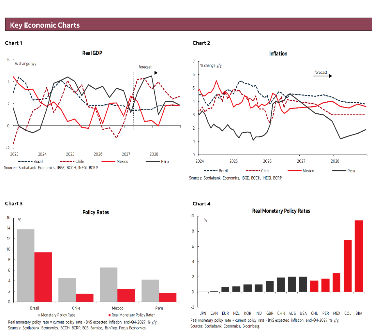 Key Economic Charts: Chart 1: Real GDP; Chart 2: Inflation; Chart 3: Policy Rates; Chart 4: Real Monetary Policy Rates