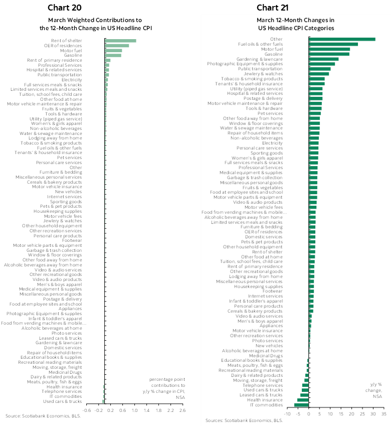 Chart 20: March Weighted Contributions to the 12-Month Change in US Headline CPI; Chart 21: March 12-Month Changes in US Headline CPI Categories 