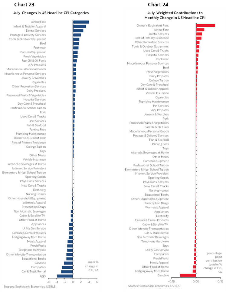 Chart 23: July Changes in US Headline CPI Categories; Chart 24: July Weighted Contributions to Monthly Change in US Headline CPI