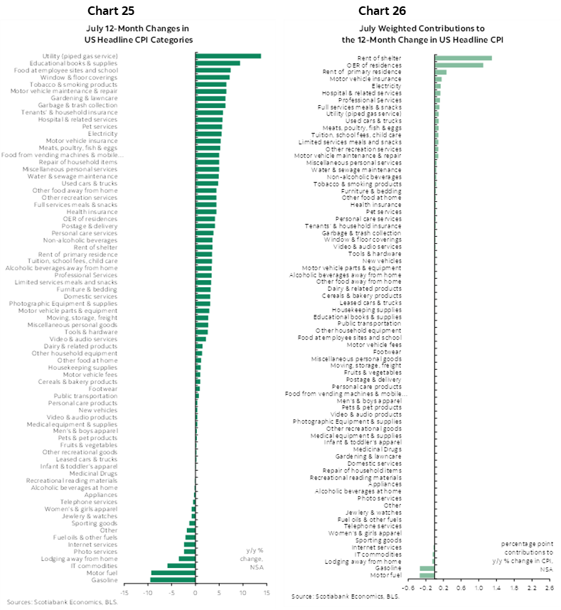 Chart 25: July 12-Month Changes in US Headline CPI Categories; Chart 26: July Weighted Contributions to the 12-Month Change in US Headline CPI