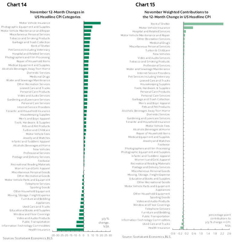 Chart 14: November 12-Month Changes in US Headline CPI Categories; Chart 15: November Weighted Contributions to the 12-Month Change in US Headline CPI 