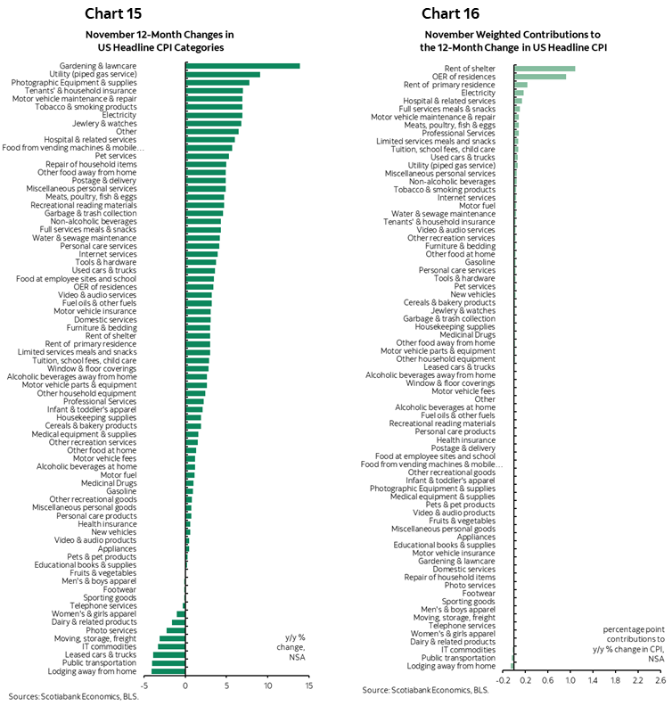 Chart 15: November 12-Month Change in US Headline CPI Categories; Chart 16: November Weighted Contributions to the 12-Month Change in US Headline CPI