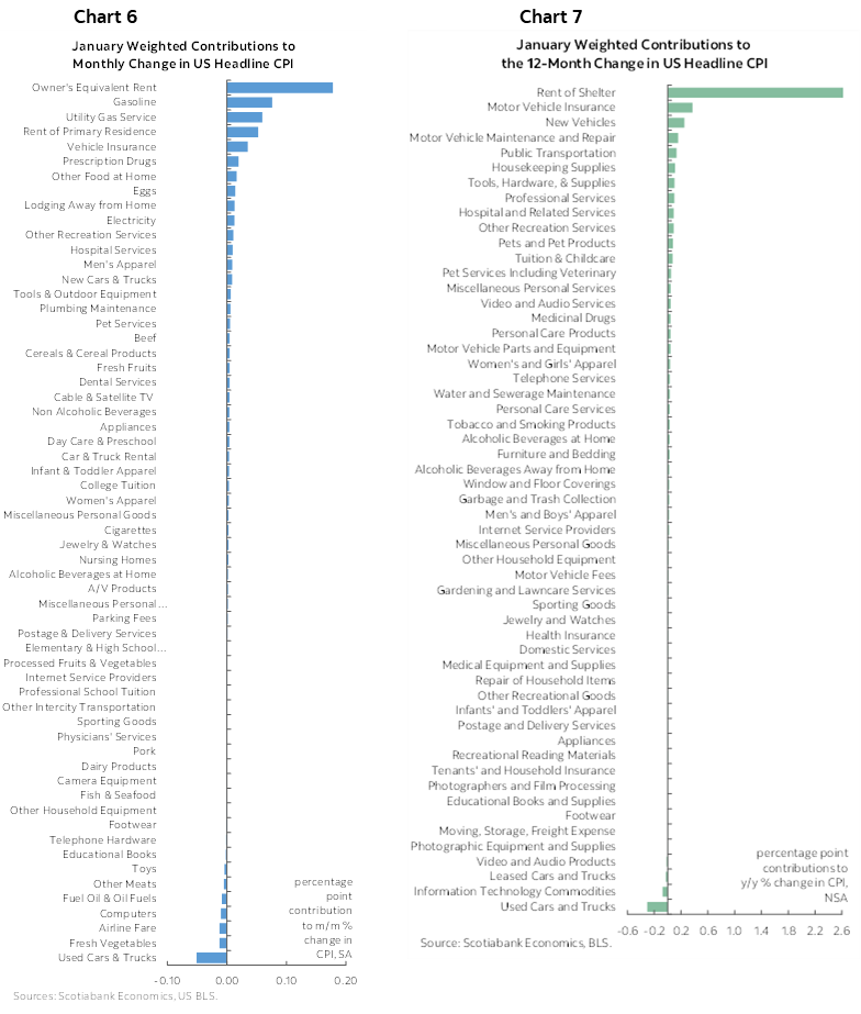 Chart 6: January Weighted Contributions to Monthly Change in US Headline CPI; Chart 7:  January Weighted Contributions to the 12-Month Change in US Headline CPI