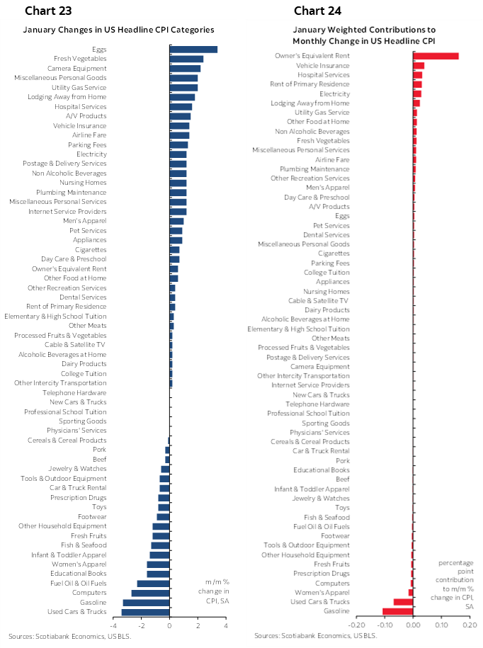 Chart 23: January Changes in US Headline CPI Categories; Chart 24: January Weighted Contributions to Monthly Change in US Headline CPI 