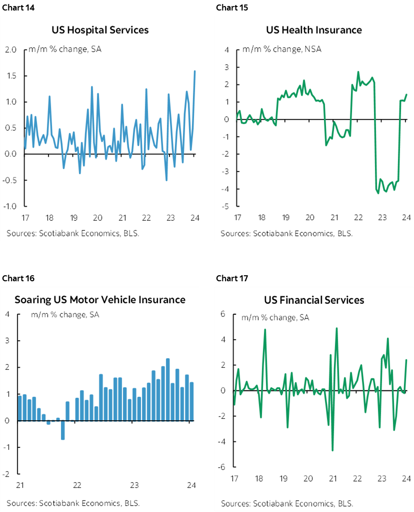 Chart 14: US Hospital Services; Chart 15: US Health Insurance; Chart 16: Soaring US Motor Vehicle Insurance; Chart 17: US Financial Services 