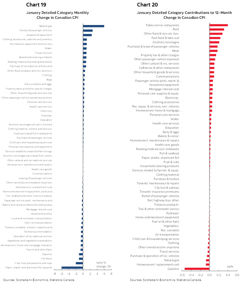 Chart 19: January Detailed Category Monthly Change in Canadian CPI; Chart 20: January Detailed Category Contributions to 12-Month Change in Canadian CPI 