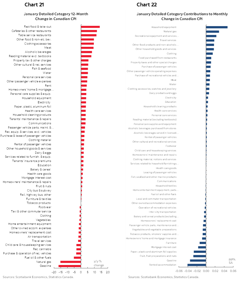 Chart 21: January Detailed Category 12-Month Change in Canadian CPI; Chart 22: January Detailed Category Contributions to Monthly Change in Canadian CPI