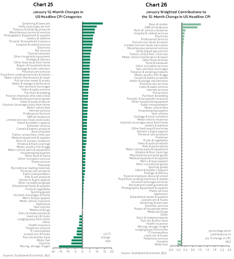 Chart 25: January 12-Month Changes in US Headline CPI Categories; Chart 26: January Weighted Contributions to the 12-Month Change in US Headline CPI