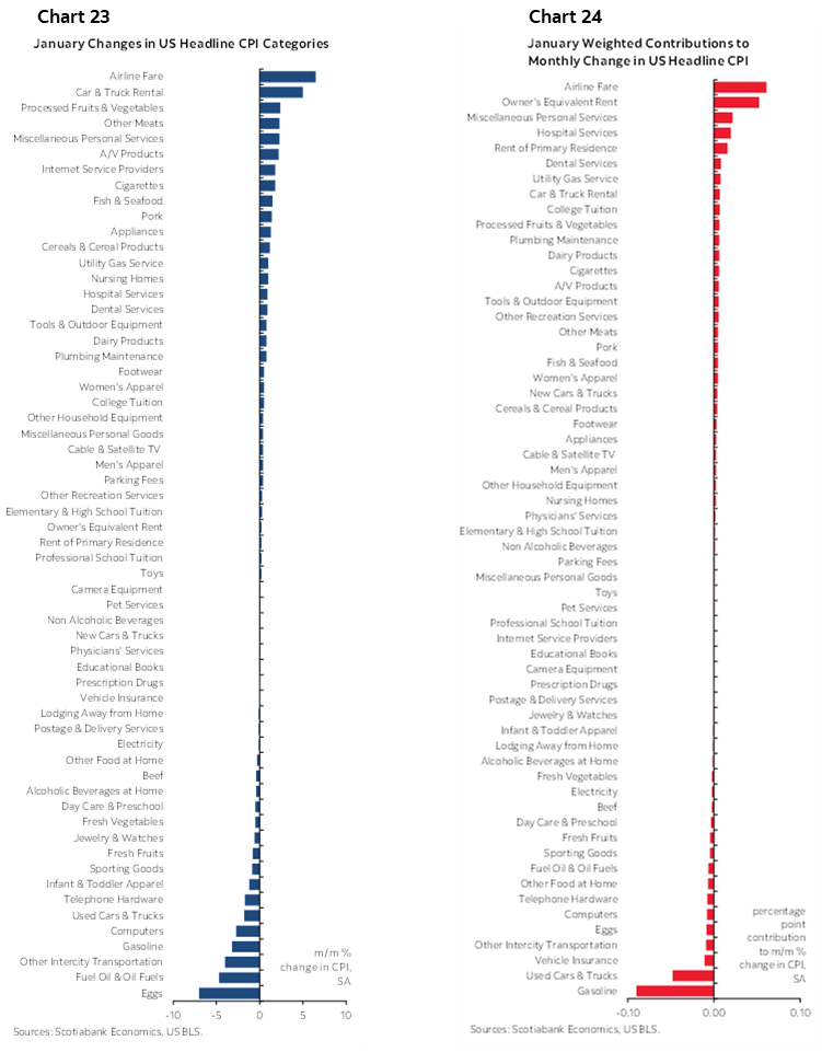 Chart 23:January Changes in US Headline CPI Categories; Chart 24: January Weighted Contributions to Monthly Change in US Headline CPI