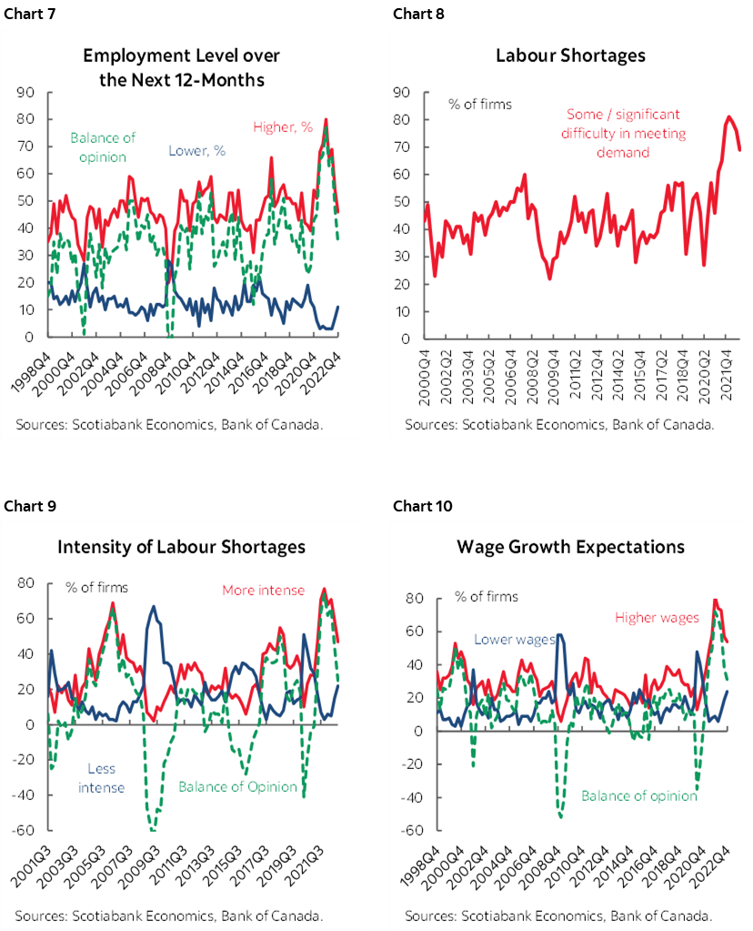Chart 7: Employment Level over the Next 12-Months; Chart 8: Labour Shortages; Chart 9: Intensity of Labour Shortages 